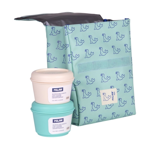 Milan Coleccion 460 Bolsa Isotermica Porta Alimentos 3,5L - Incluye 2 Recipientes Para Alimentos De 0,25L - Interior Aislante Termico - Color Verde/Azul