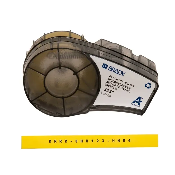 Brady M21-187-C-342-Yl Cinta De Etiquetas Original Termocontractiles Permasleeve - Texto Negro Sobre Fondo Amarillo - Ancho 8,51Mm X 2,1M