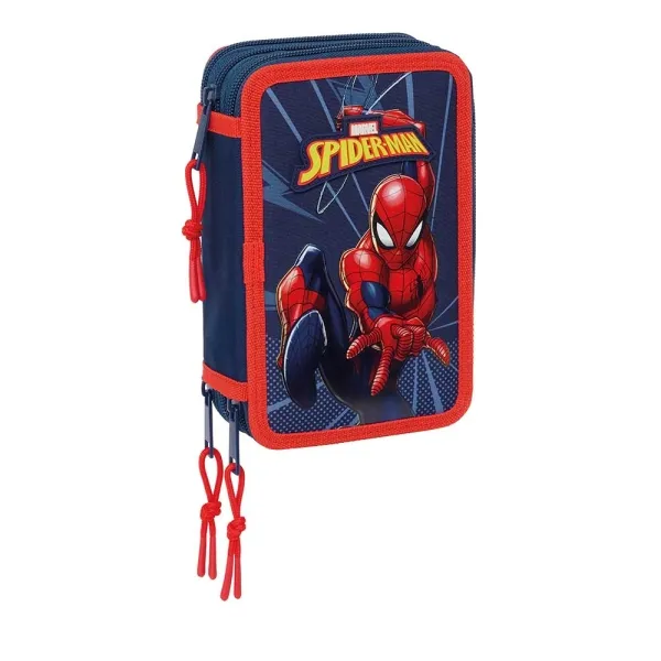 Safta Spider-Man Plumier De 3 Pisos - 37 Piezas - 1.3L - Goma - Lapiz - Boligrafos - Sacapuntas - Reglas - 16 Colores - 14 Rotuladores - 125X55X195Mm - Color Azul Marino