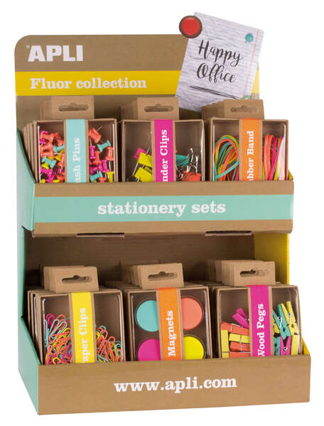 Apli Fluor Collection Expositor De Productos Basicos - Colores Surtidos Fluor - Diseño Moderno - Incluye Push Pins, Gomas Elasticas, Pinzas Abatibles, Clips, Pinzas De Madera E Imanes