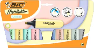 Bic Marking Highlighter Flat Pastel Pack de 10 - Punta Biselada, Tinta a Base de Agua