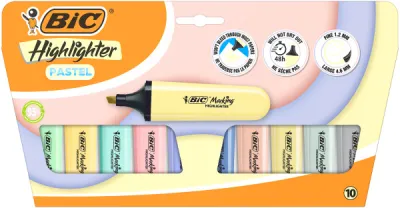 Bic Marking Highlighter Flat Pastel Pack de 10 - Punta Biselada, Tinta a Base de Agua
