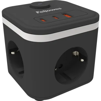 Fellowes Cubo Multienchufes de Sobremesa con 3 Tomas 230V + 2x USB-C 20W max. - 1x USB-A 18W max. - Cable de 2m - Interruptor On/Off - Color Negro