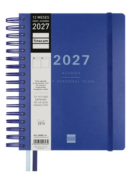 Finocam Tempus Agenda Anual 2027 - 1 Día por Página - 155x217mm - Espiral Doble - Tapa Dura Azul