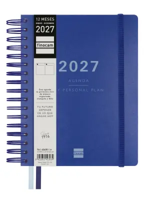 Finocam Tempus Agenda Anual 2027 - 1 Día por Página - 155x217mm - Espiral Doble - Tapa Dura Azul