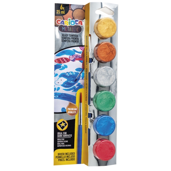 Carioca Metallic Pack De 6 Temperas En Botes De 25Ml + Pincel - Superlavables - Mezclables - Colores Metallic Surtidos
