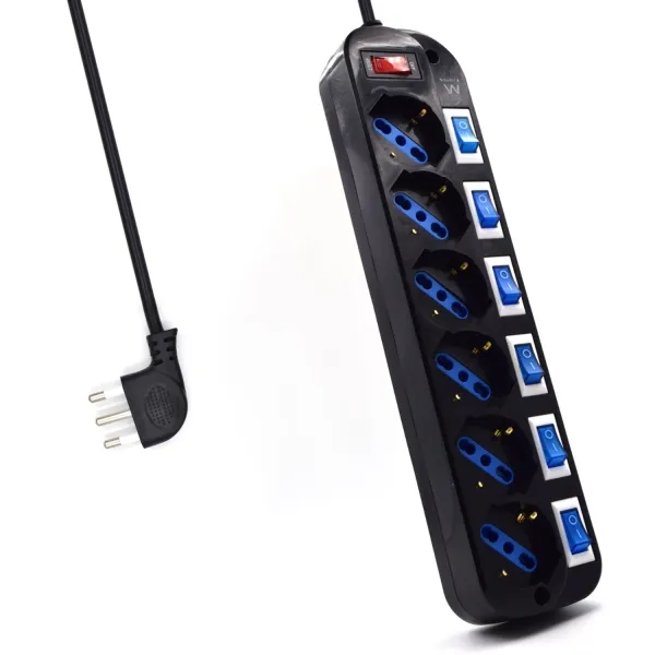 Ewent Regleta Con 6 Tomas Tipo L/F (Schuko) De 10/16A - Interruptor On/Off General E Individual - Proteccion Contra Sobretensiones - Proteccion Infantil - Enchufe Italiano Plano En Angulo - Cable De 1.5M - Color Negro