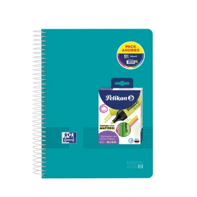 Oxford Pack Cuaderno Europeanbook A4+ 160H 5x5 Tapa Plástico + 4 Resaltadores Neón Surtidos