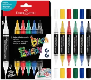 Faber-Castell Shake & Paint Black Edition Pack de 6 Rotuladores Acrílicos Doble Punta 1mm y 3mm