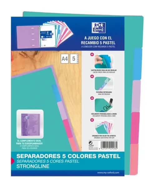 Oxford Strongline A4 Separadores 5 Posiciones 4 Taladros Cartulina 200gr Colores Surtidos