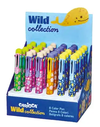 Carioca Wild Collection Expositor Con 30 Boligrafos De 8 Colores - Punta 1Mm - Divertidos Diseños De Animales - Clip De Sujeccion
