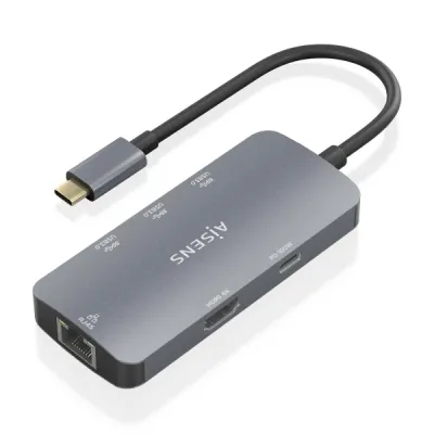 Aisens Dock USB-C 6 en 1 con HDMI, RJ45, 3xUSB-A y USB-C PD - Gris 15cm