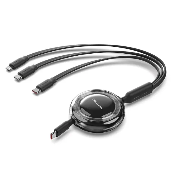 Vention Cable USB Retráctil 100W - Longitud Ajustable 1.1m - USB-A, 2xUSB-C, Lightning, 480Mbps - Negro