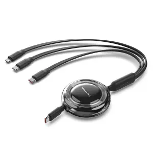 Vention Cable USB Retráctil 100W - Longitud Ajustable 1.1m - USB-A, 2xUSB-C, Lightning, 480Mbps - Negro