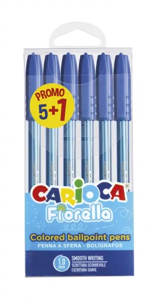 Carioca Fiorella Pack 5+1 Bolígrafos Punta de Bola Ø 1mm Cuerpo Transparente Azul