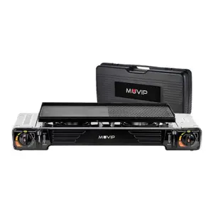 Muvip Cocina de Gas Portatil 2 Fuegos - Doble Bombona - Encendido Automatico - Quemador de Aluminio - Valvula de Doble Sellado - Proteccion Contra Sobretension - Plancha de Asado + Maleta de Transporte