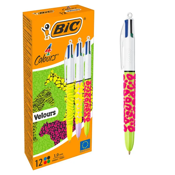Bic 4 Colours Velours Boligrafo De Bola Retractil - Punta Media De 1.0Mm - Tinta Con Base De Aceite - Cuerpo Con Relieve Suave Al Tacto - 4 Colores De Tinta