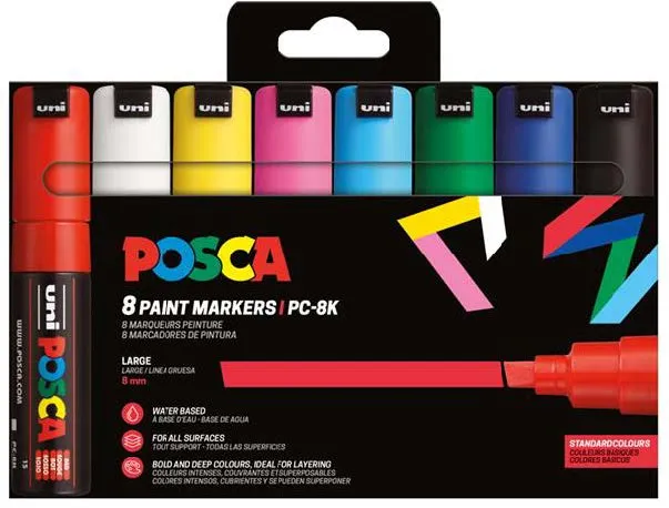 Posca Estuche de 8 Marcadores de Pintura Punta Biselada Acrílica 8mm Color Surtido