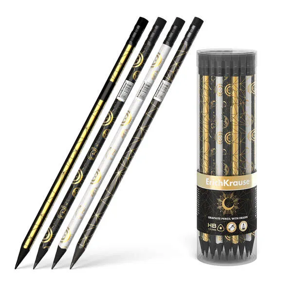 Erichkrause Magic Sky Lapiz De Grafito Triangular Hb - Goma De Borrar - Madera Negra - Cuatro Diseños Diferentes