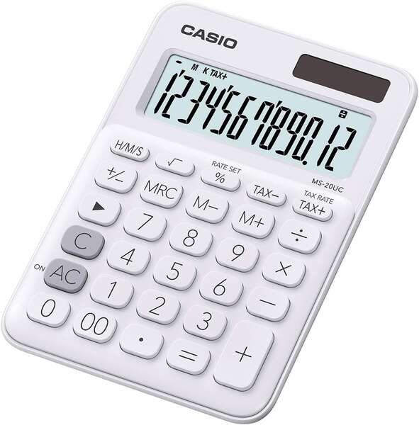 Casio Ms-20Uc Calculadora De Sobremesa Con Pantalla De 12 Digitos - Simbolos De Comando De Funcion - Marcadores De Coma De 3 Digitos - Alimentacion Solar Y Pilas - Color Blanco