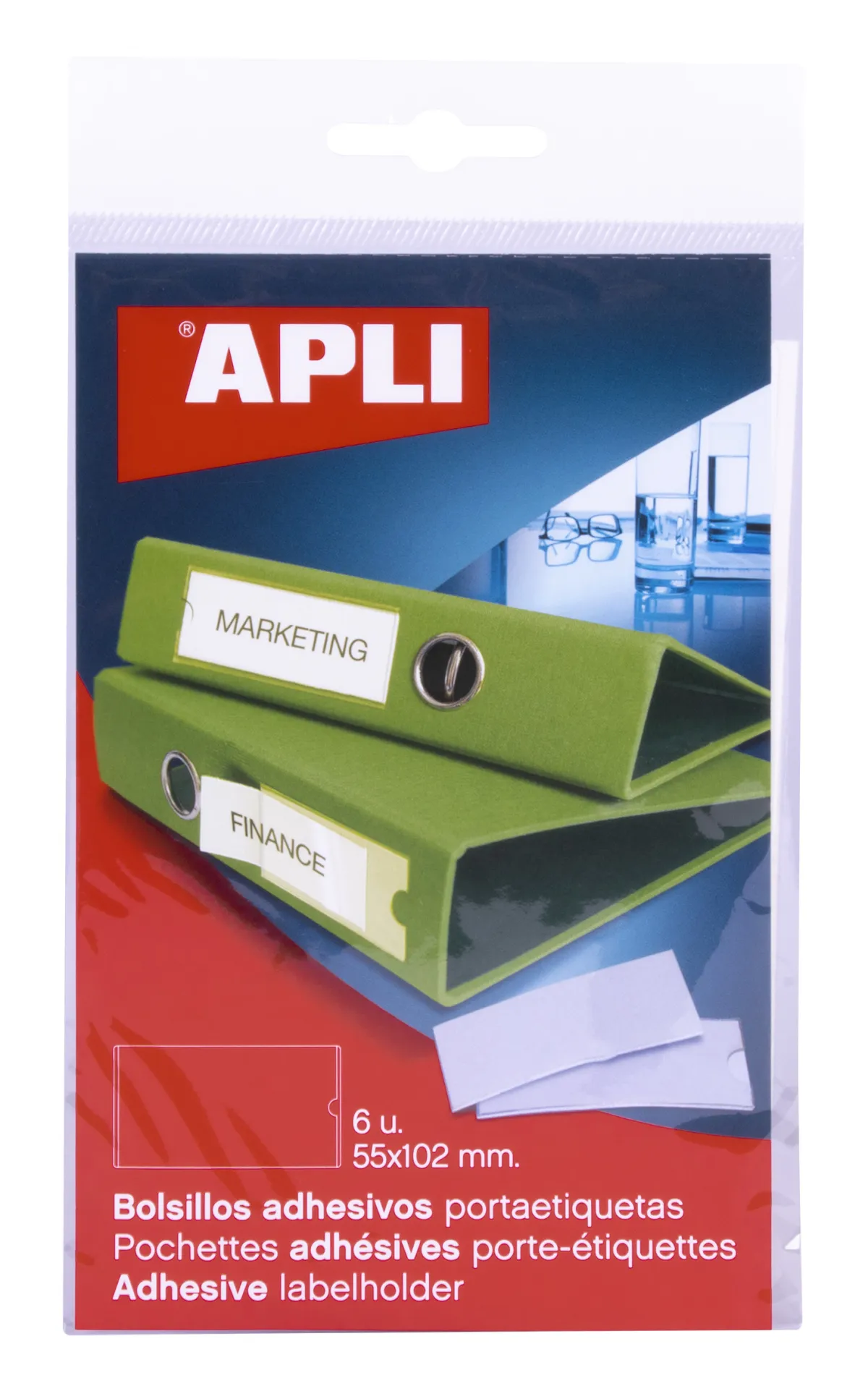 Apli Bolsillos Adhesivos para Etiquetas 55 x 102mm - Paquete de 6 Bolsillos