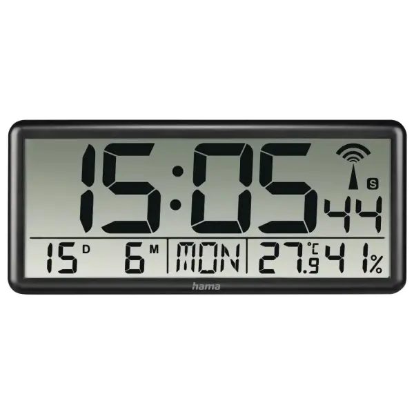 Hama Jumbo Reloj de Pared Digital con Termómetro, Higrómetro y Radio, 36x16x3cm, Negro