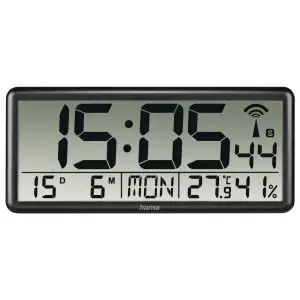 Hama Jumbo Reloj de Pared Digital con Termómetro, Higrómetro y Radio, 36x16x3cm, Negro