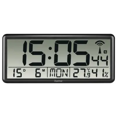 Hama Jumbo Reloj de Pared Digital con Termómetro, Higrómetro y Radio, 36x16x3cm, Negro