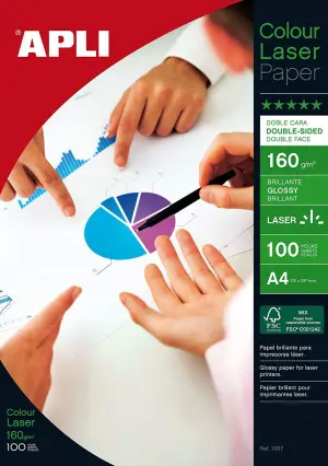 APLI PAPEL FOTOGRÁFICO A4 160GR LÁSER DOBLE CARA PAQUETE 100H BLANCO BRILLO