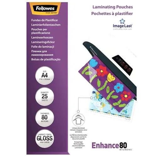 Fellowes Pack De 25 Fundas Para Plastificar Brillo A4 - 80 Micras - Alta Calidad - Transparente