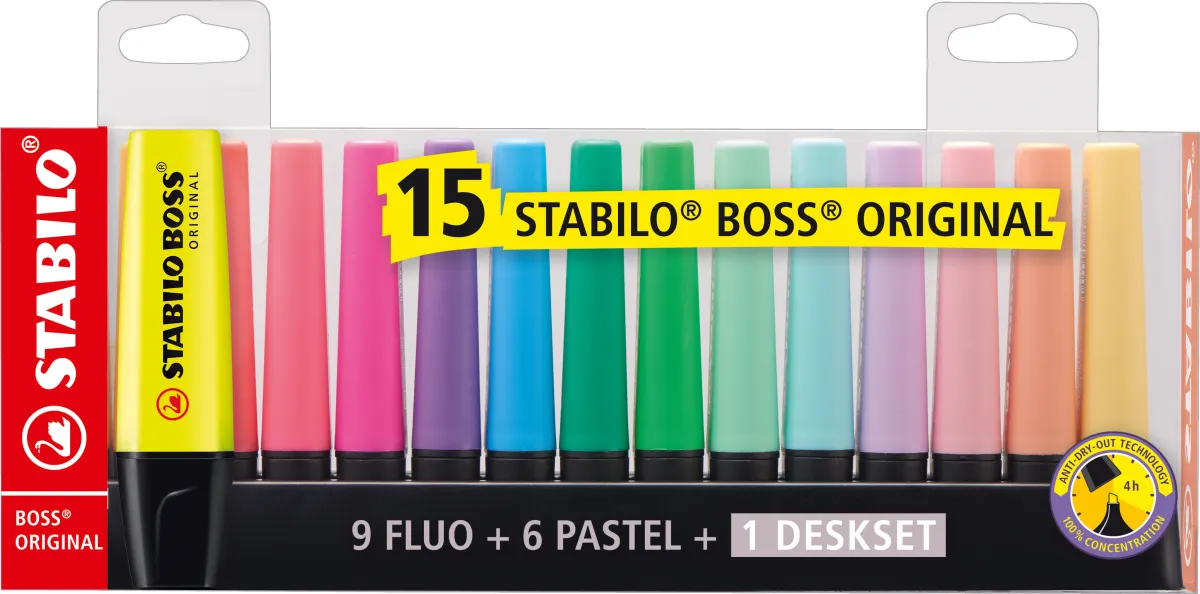 Stabilo Boss 70 Pack de 15 Marcadores Fluorescentes - Trazo 2-5mm - Recargable