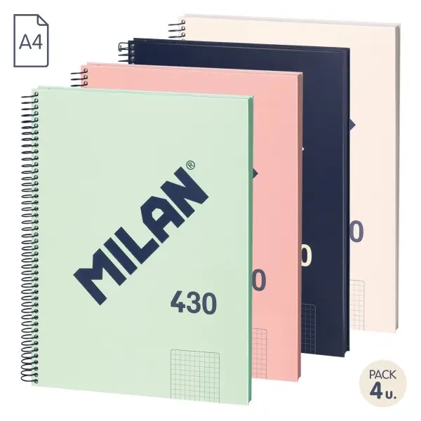 Milan Pack de 4 Cuadernos Espiral A4 Cuadricula 5x5mm - 80 Hojas 95 gr/m2