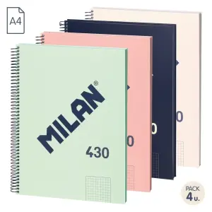 Milan Pack de 4 Cuadernos Espiral A4 Cuadricula 5x5mm - 80 Hojas 95 gr/m2