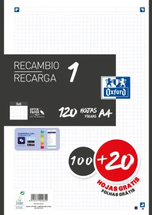 Oxford Recambio Classic 120 Hojas A4 Sueltas 90g 5x5mm 4 Taladros Banda Negra