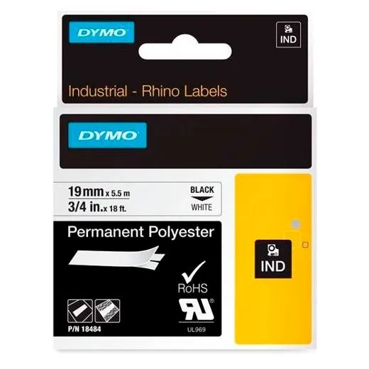 Dymo Cinta De Etiquetas Industrial Adhesiva Id1-19 - Negro Sobre Blanco - 19Mmx5´5 M - Polyester - Rotuladora Rhino