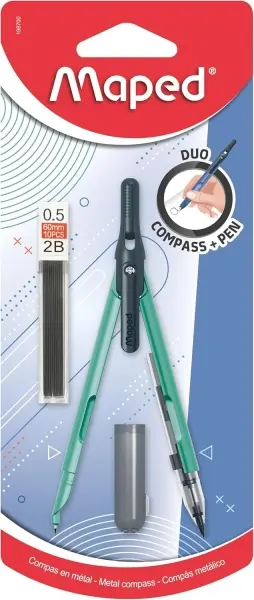 Maped Duo+Pen Compás Doble Con Cajita de Minas - Clip de Bolsillo - Colores Surtidos