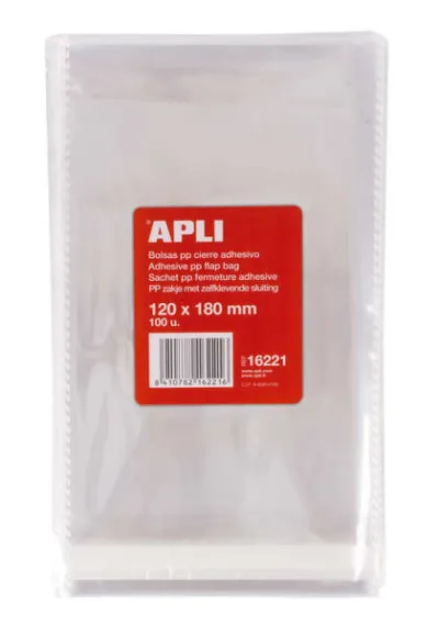 Apli Pack de 100 Bolsas de Polipropileno Transparente con Cierre Adhesivo 120 x 180mm