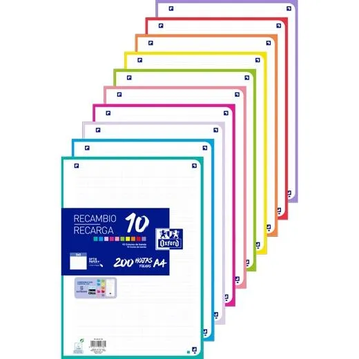 Oxford Recambio Paquete 200 Hojas Sueltas A4 5X5 - 10 Colores