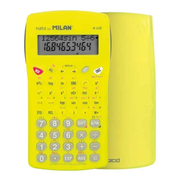 Milan Nata M228 Calculadora Científica 10+2 Dígitos, Pantalla de 2 Líneas, 228 Funciones, Carcasa Protectora, Amarillo