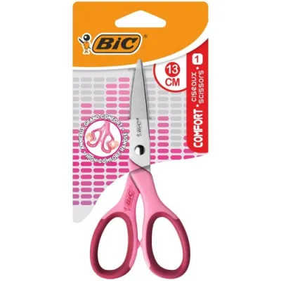Bic Comfort Tijera Escolar De Acero Inoxidable 13Cm - Mango Suave - Uso Diestro - Colores Surtidos Aleatorio