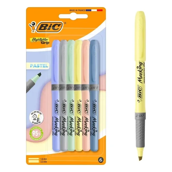 Bic Highlighter Grip Pastel Pack Con 6 Marcadores Fluorescentes Pastel - Punta Biselada - Trazo Entre 1.60 Y 3.30 Mm - Grip Texturizado - Colores Surtidos