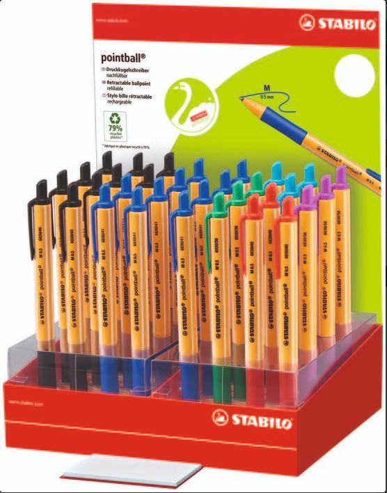 Stabilo Pointball Bolígrafo Retráctil Recargable 6 Colores Surtidos - Expositor De 32U