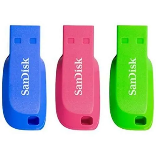 SanDisk Cruzer Blade Pack de 3 Memorias USB 2.0 32GB Ultra Compactas Colores Azul, Rosa y Verde
