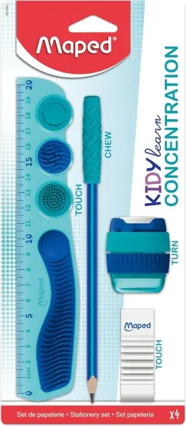 Maped Kidy Lern Concentration Pack - Regla 20cm, Sacapuntas, Goma, Lápiz, Azul