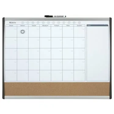 Nobo Planificador Pizarra Magnetica Pequeña con Tablero de Anuncios de Corcho 585x430mm - Semanal y Mensual - Marco Plateado y Negro - Incluye Rotulador