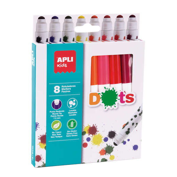 Apli Kids Dots Pack De 8 Rotuladores Punta Redonda Bloqueada De Ø 7.5Mm - Facilmente Lavables - Capuchon Anti Asfixia- Colores Surtidos