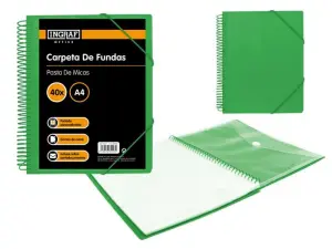 Ingraf Carpeta 40 Fundas A4 + Sobre con Broche - Espiral Plastica Indeformable - Apertura 360 Grados - Portada Personalizable - Color Verde