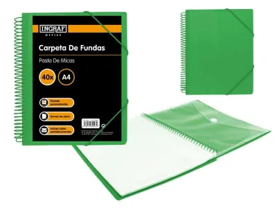 Ingraf Carpeta 40 Fundas A4 con Sobre Broche - Espiral Plástica Verde