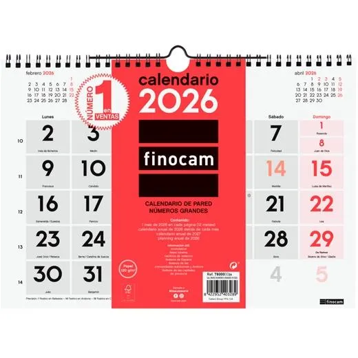 Finocam Calendario De Pared Números Grandes M-300X210Mm Mv Neutro 2026