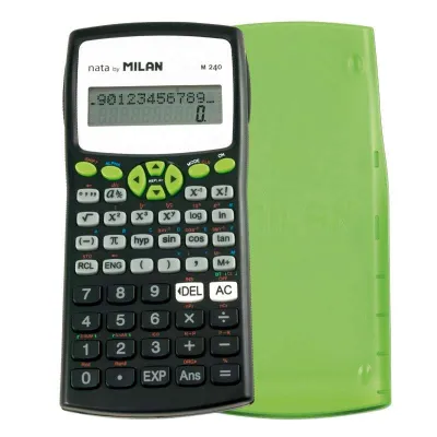 Milan M240 Calculadora Cientifica 10+2 Digitos - Pantalla De 2 Lineas - 240 Funciones Integradas Incluyendo 124 Cientificas - Carcasa Protectora Verde - Color Negro/Blanco/Verde/Gris